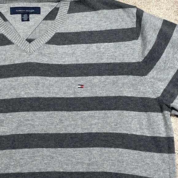 Tommy Hilfiger Mens Gray Striped V-Neck Sweater Size L 100% Cotton Long Sleeve - Picture 3 of 8